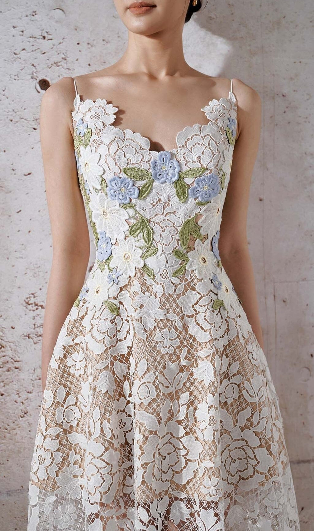 Roses Lace A-Line Midi Dress In White