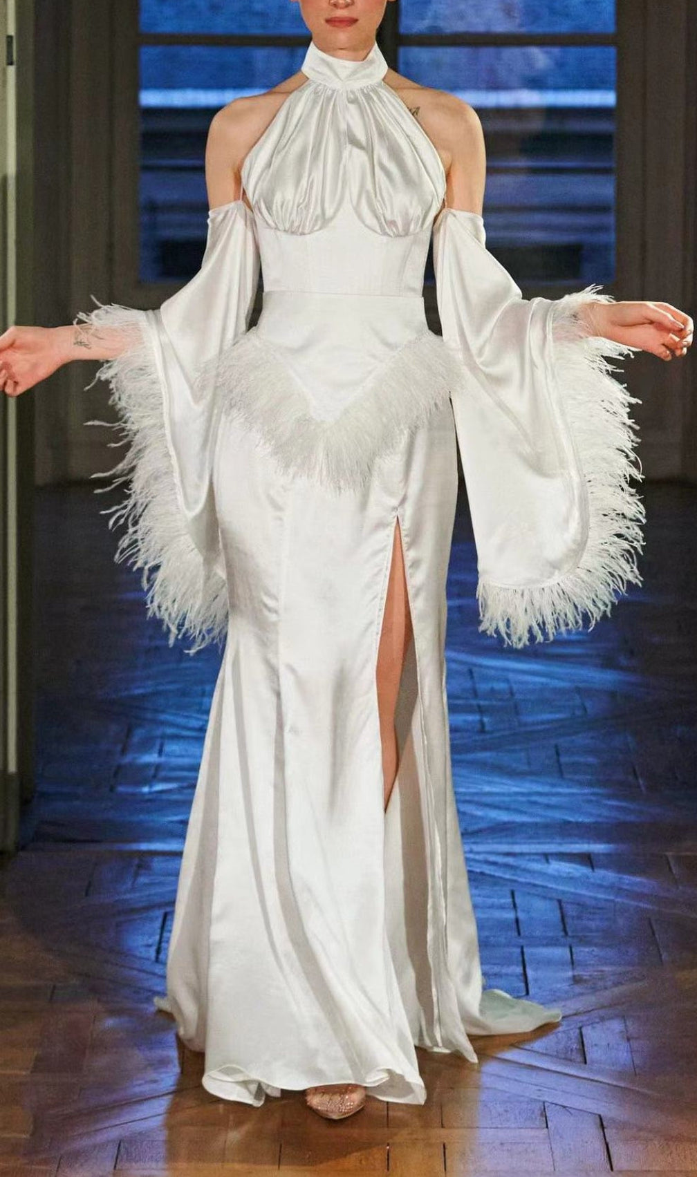 Astra Halterneck Feather Satin Dress
