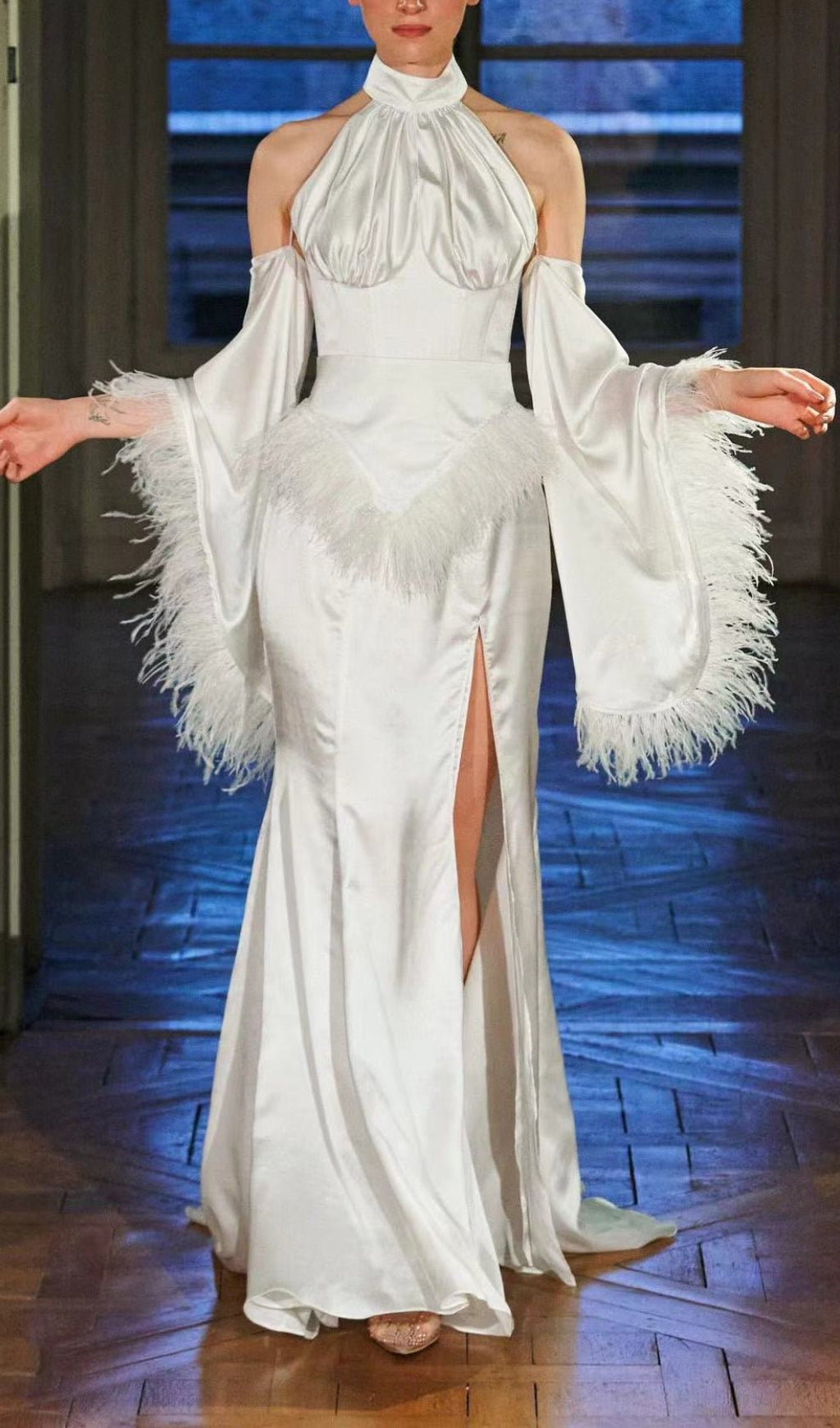 Astra Halterneck Feather Satin Dress