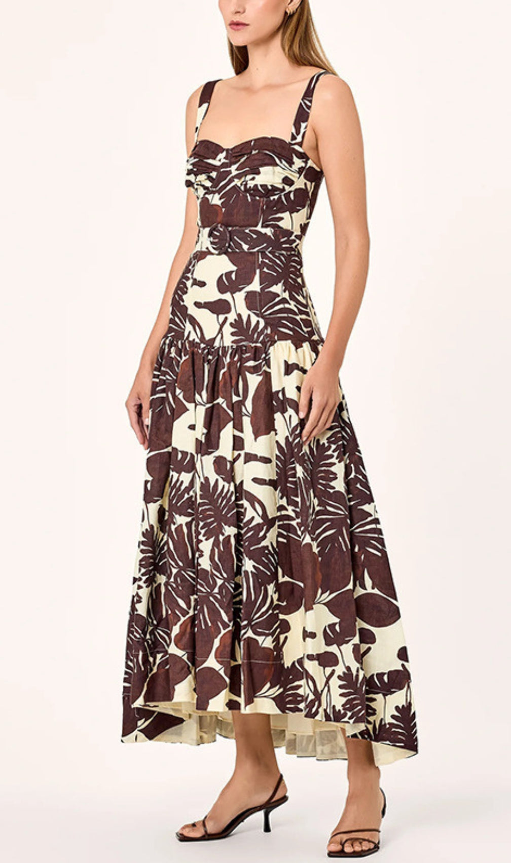 Drika Brown Strappy Printed Midi Dress