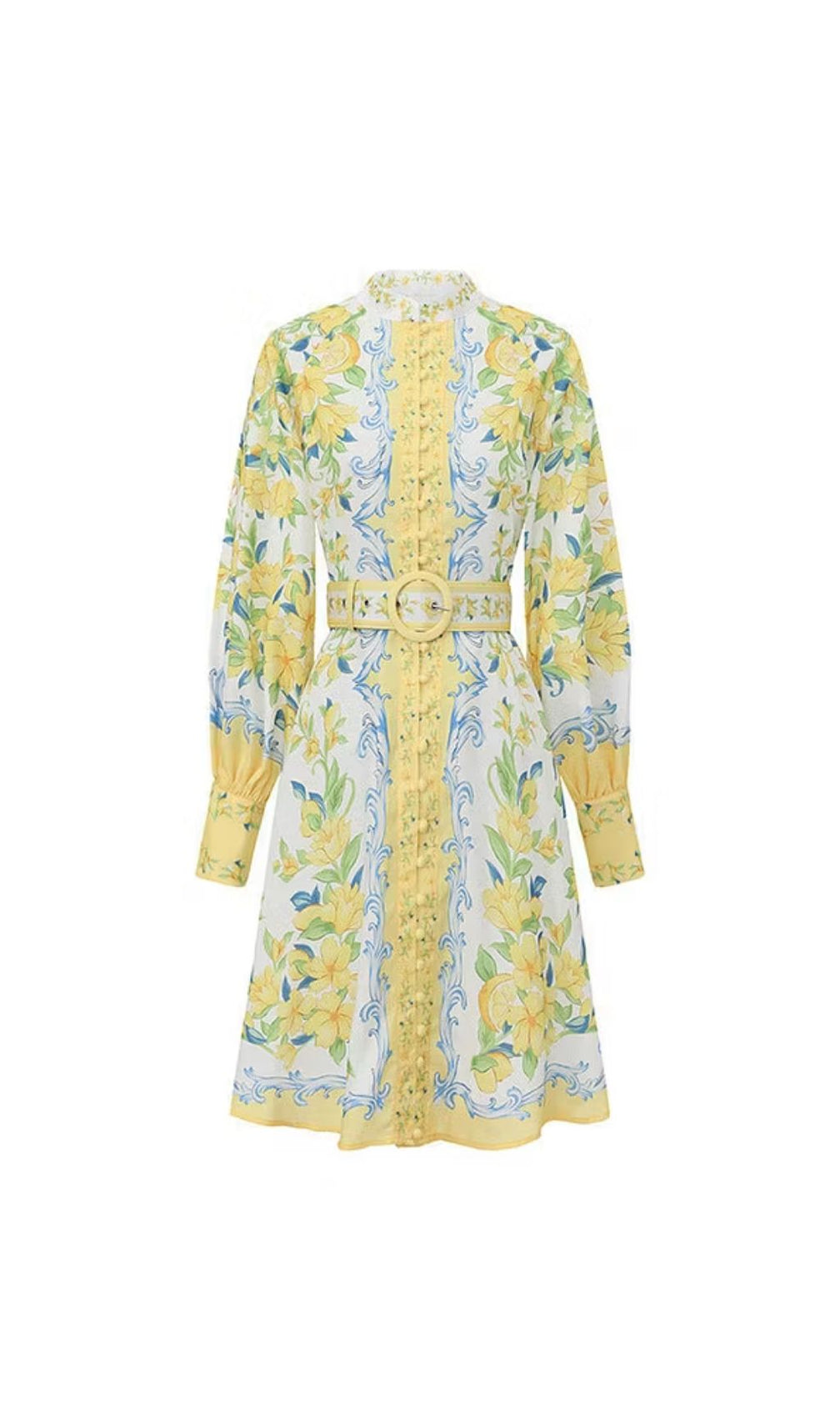 Lemon Floral Single-Breasted Midi Dress With Belt - Yellow