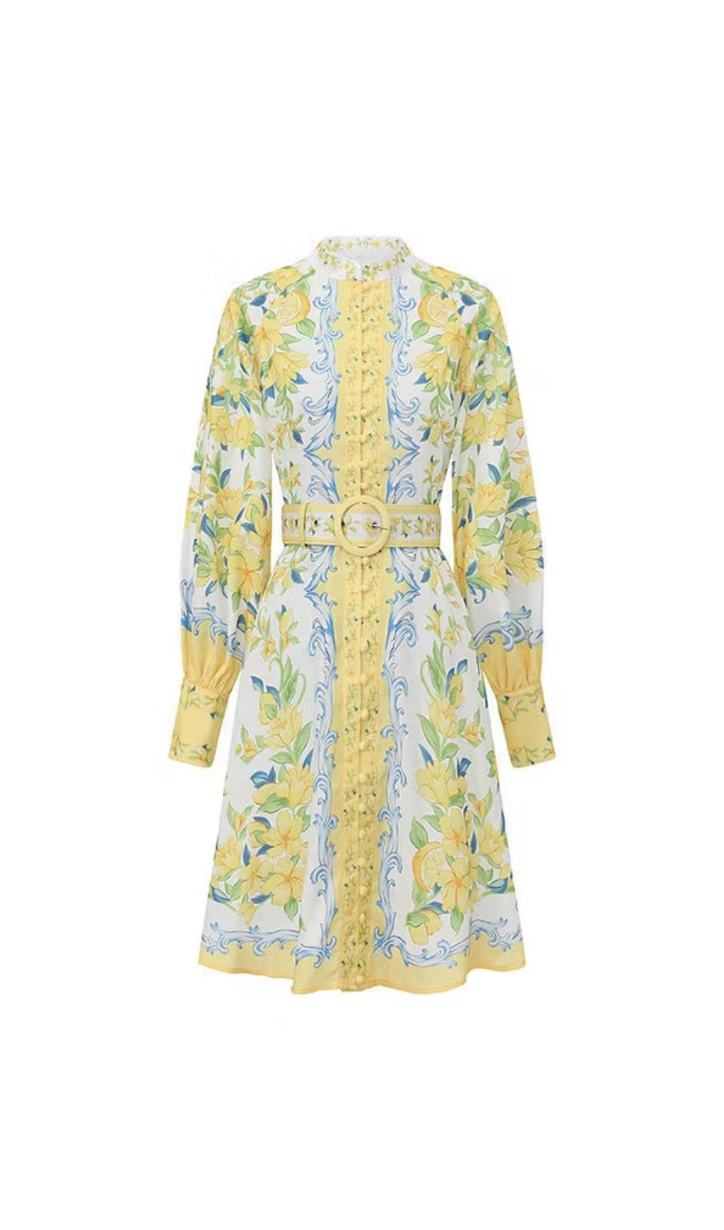 Lemon Floral Single-Breasted Midi Dress With Belt - Yellow