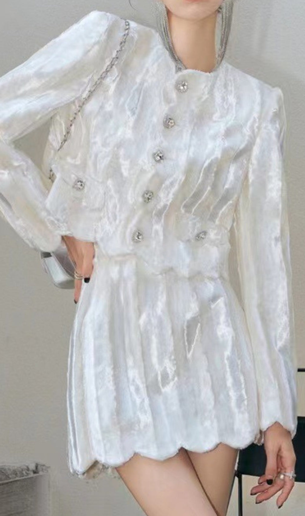 Velvet Rhinestone Buckle White Suits Diamond Mini Two-Piece