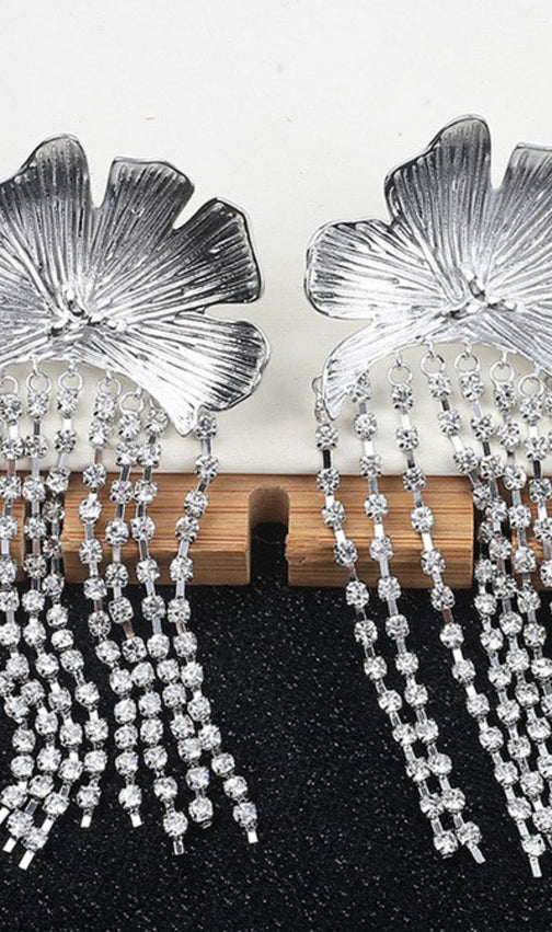 Dazzling Silver Flower Crystal Fringe Statement Dangle Earrings for Women