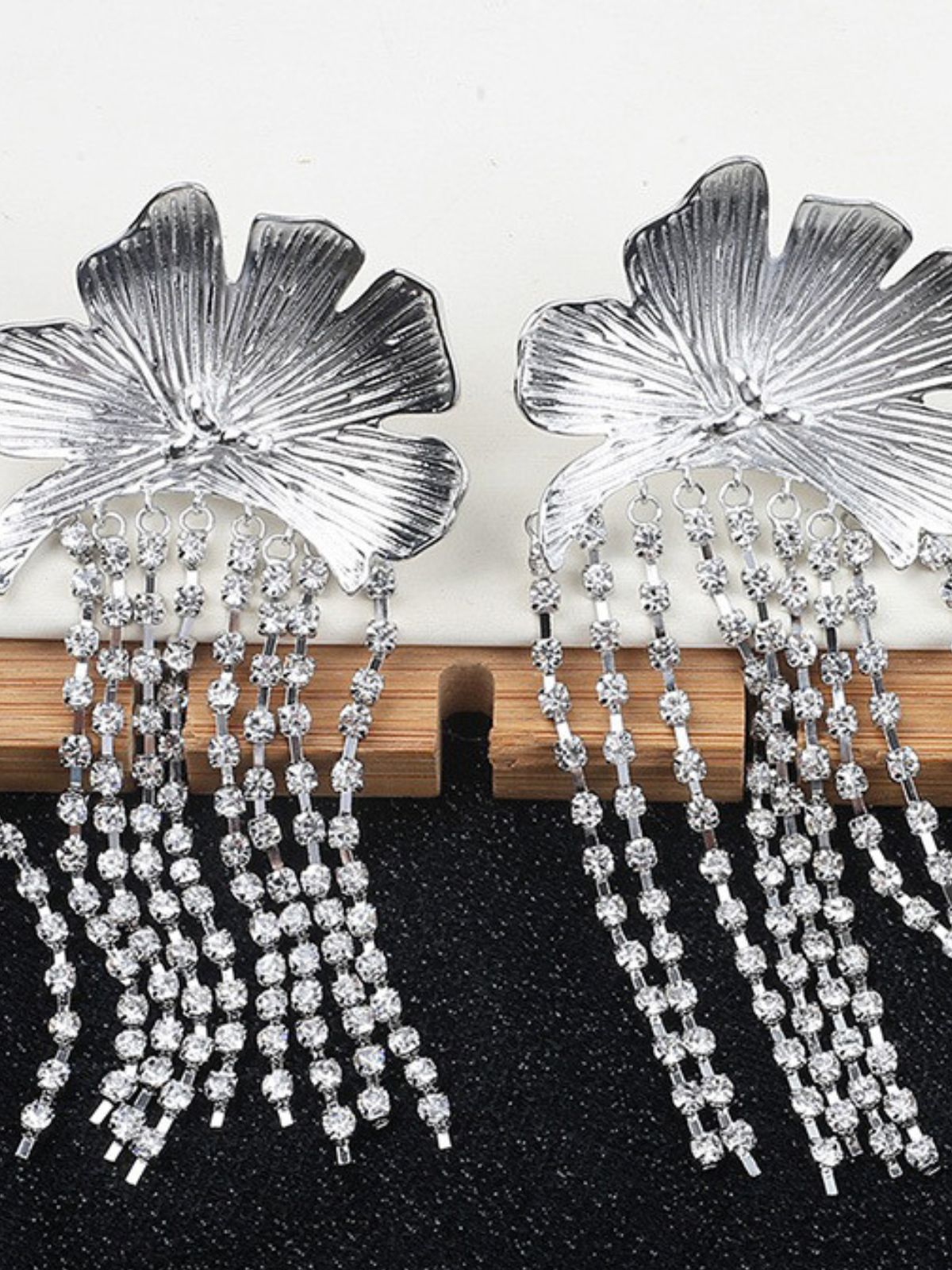 Dazzling Silver Flower Crystal Fringe Statement Dangle Earrings for Women
