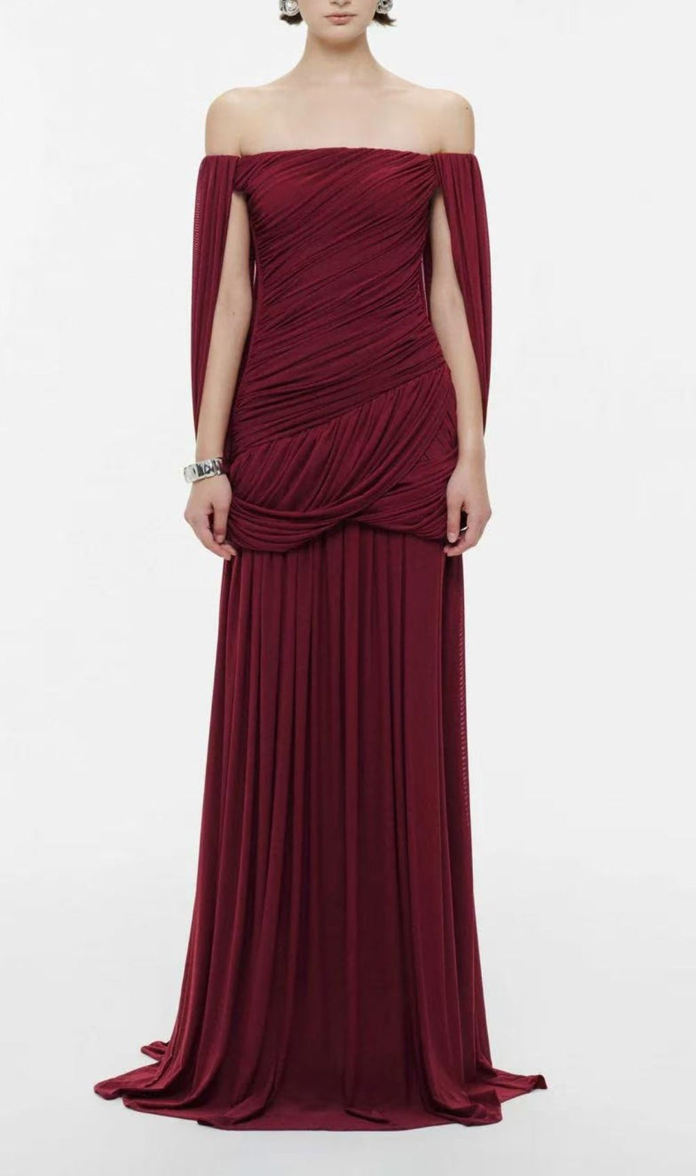 Kelsy Elegant Ruched Off-Shoulder Maxi Gown - Dusty Rose