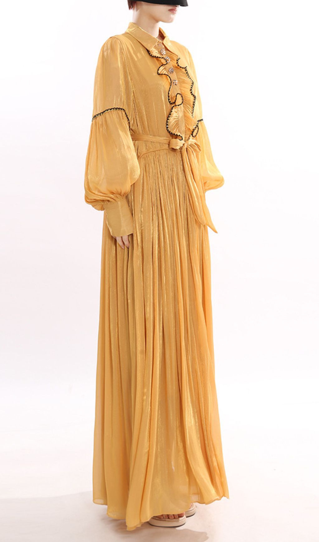 Jeseray Golden Yellow Pleated Maxi Dress | Elegant Long Sleeve Ruffle Gown for Women