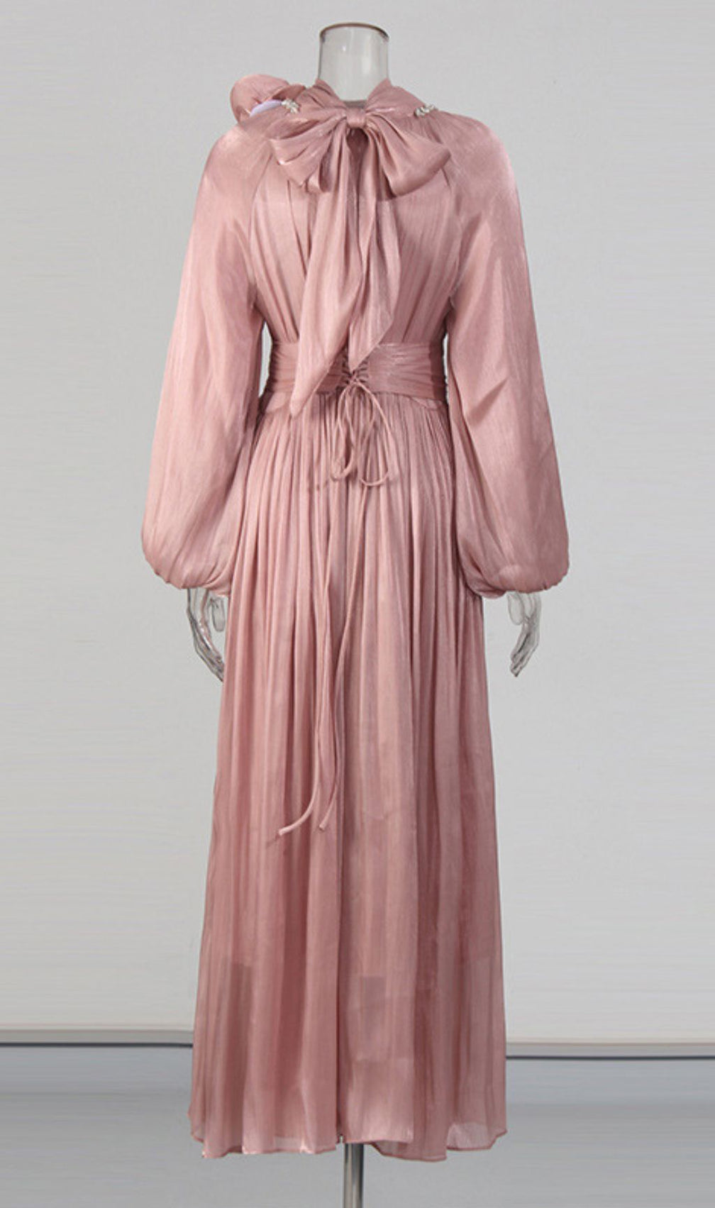 Juhani Rose Pleated Satin Maxi Dress - Elegant Long Sleeve Gown