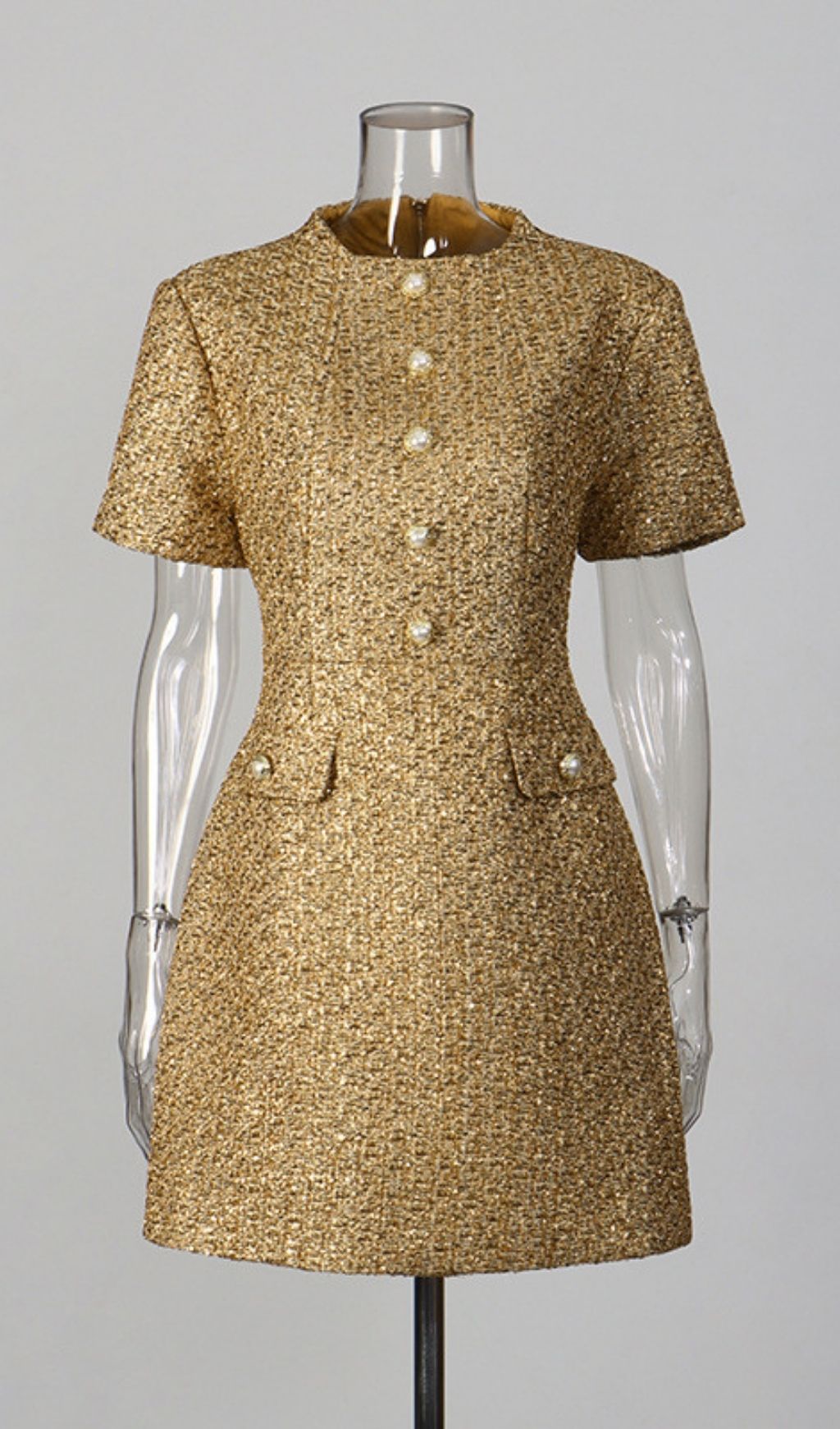 Keyla Luxe Gold Tweed Mini Dress with Pearl Buttons - Chic Party & Cocktail Attire
