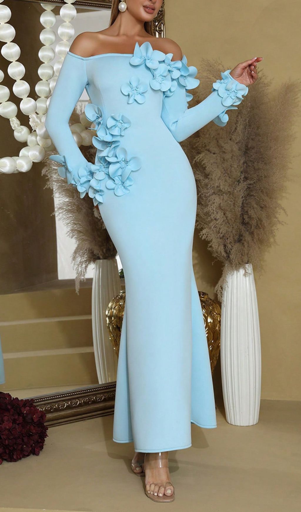 Ethereal Blue Floral Off-Shoulder Maxi Dress | Elegant Wedding Guest Gown