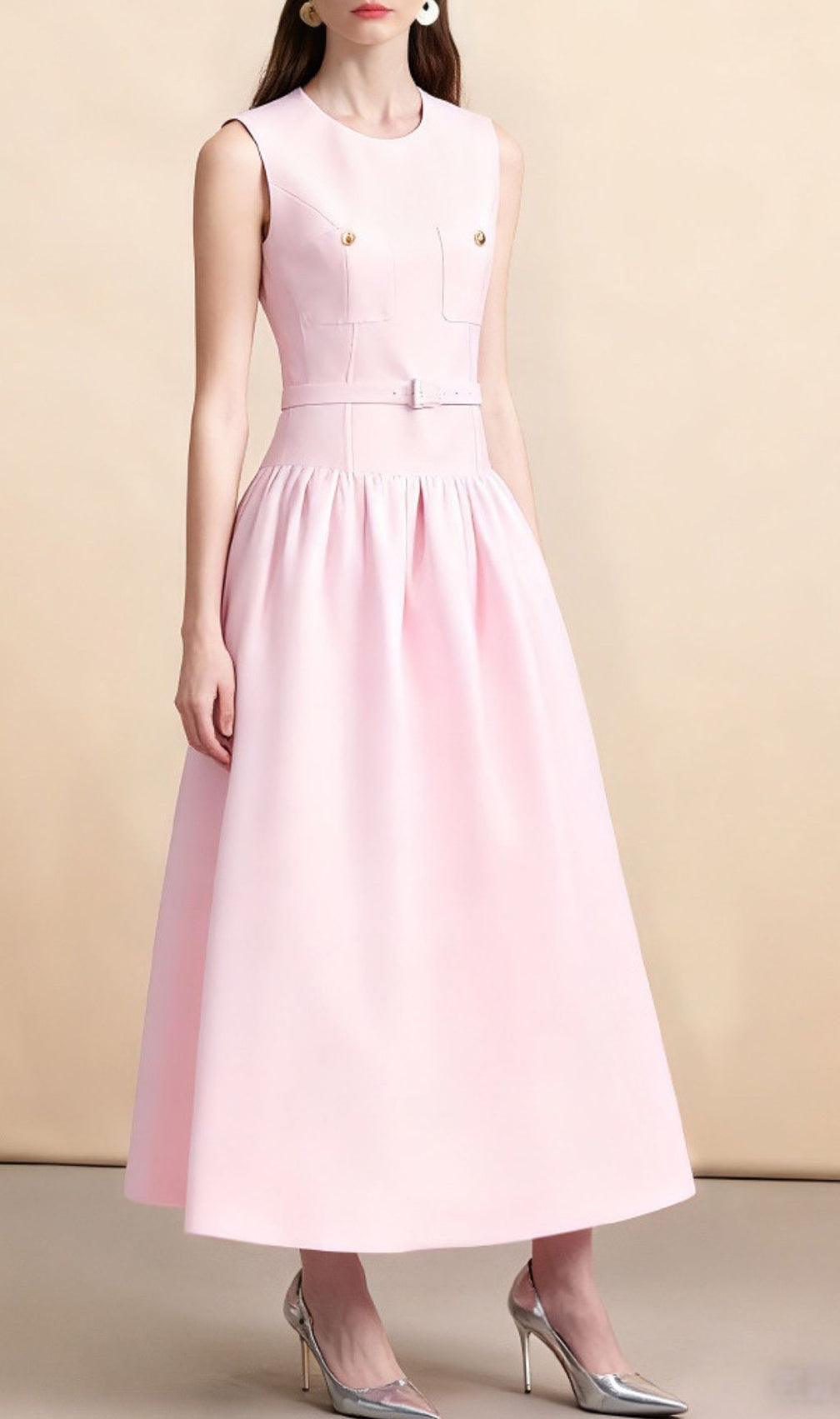 Chic Jonatha Pink Midi Dress | Belted Elegance & Gold Accents
