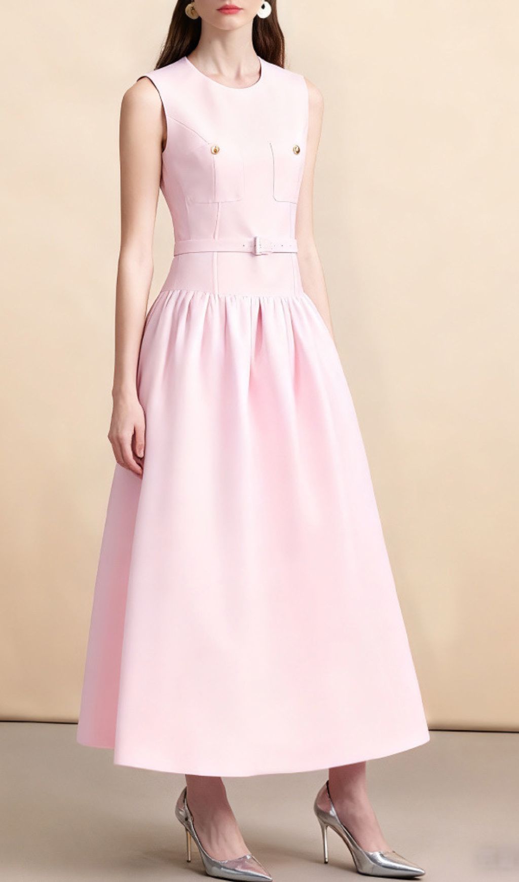 Chic Jonatha Pink Midi Dress | Belted Elegance & Gold Accents