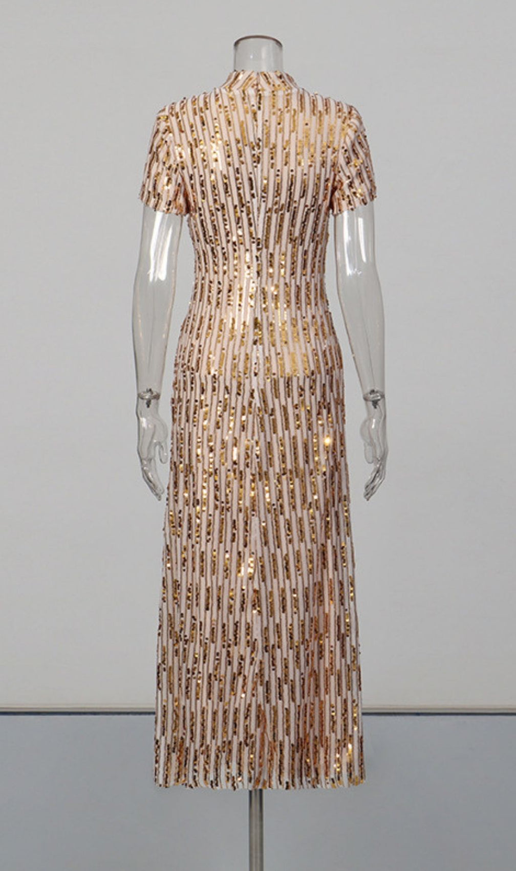 Keyah Gold Sequin Mock Neck Midi Dress - Dazzling Short Sleeve Party Gown