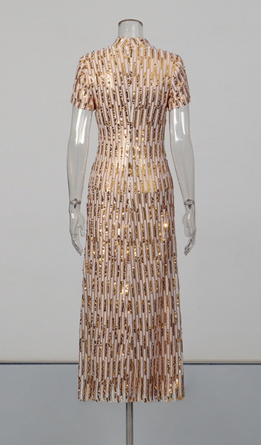 Keyah Gold Sequin Mock Neck Midi Dress - Dazzling Short Sleeve Party Gown
