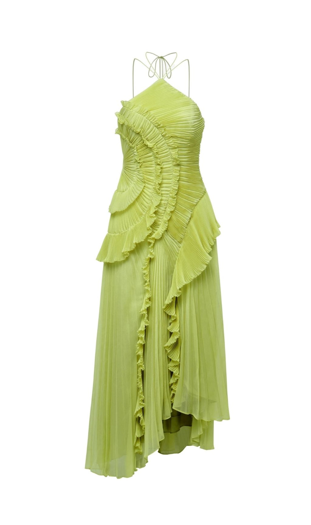 Finneas Matcha Green Halter Pleated Ruffle Maxi Dress - Elegant Resort & Event Gown