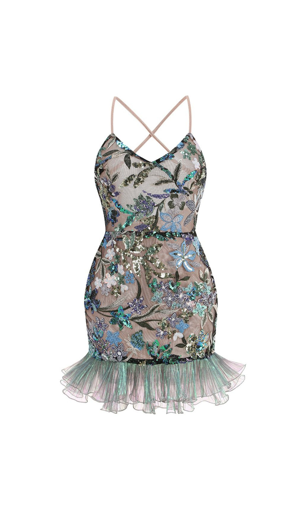 Fatin Green Flower Sequin Embroidery Mini Dress