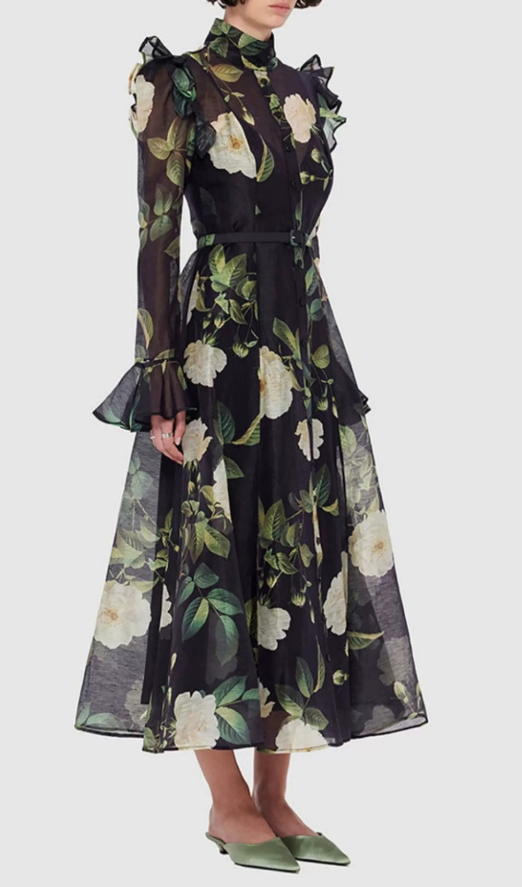Eder Black Floral Long Sleeve Midi Dress