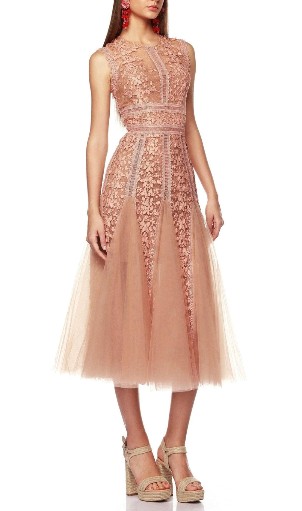 Audrianna Light Peach Embroidery Mesh Midi Dress