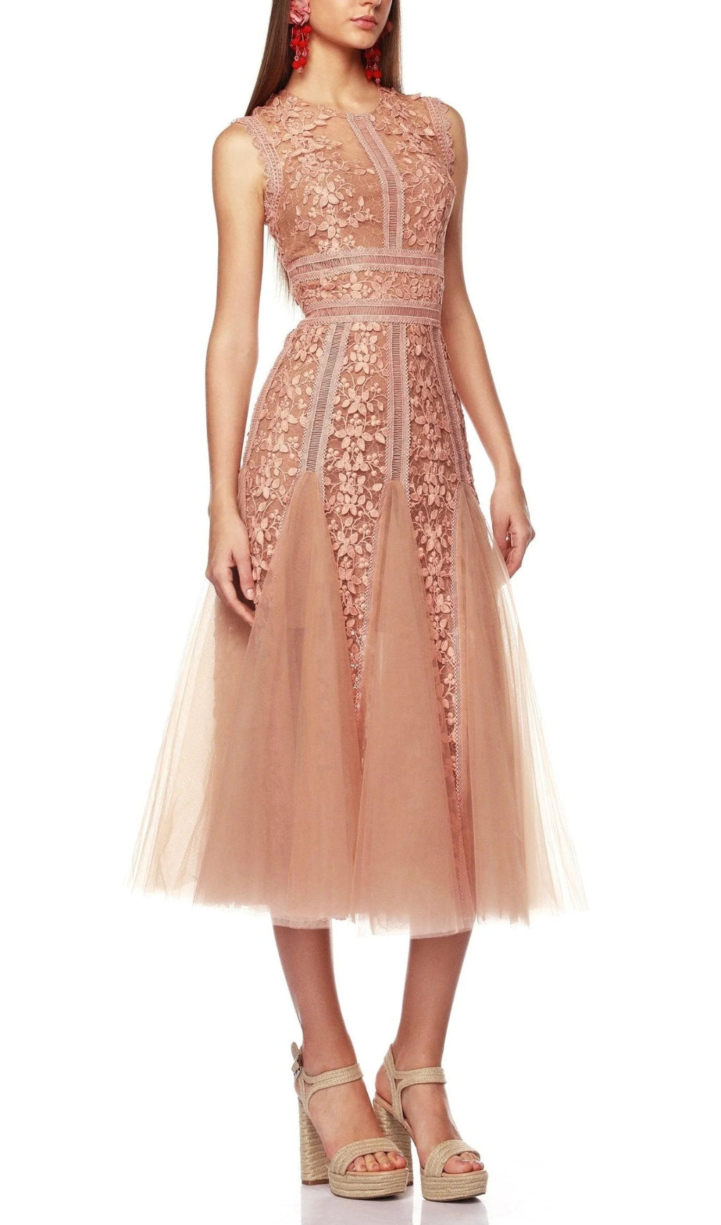 Audrianna Light Peach Embroidery Mesh Midi Dress