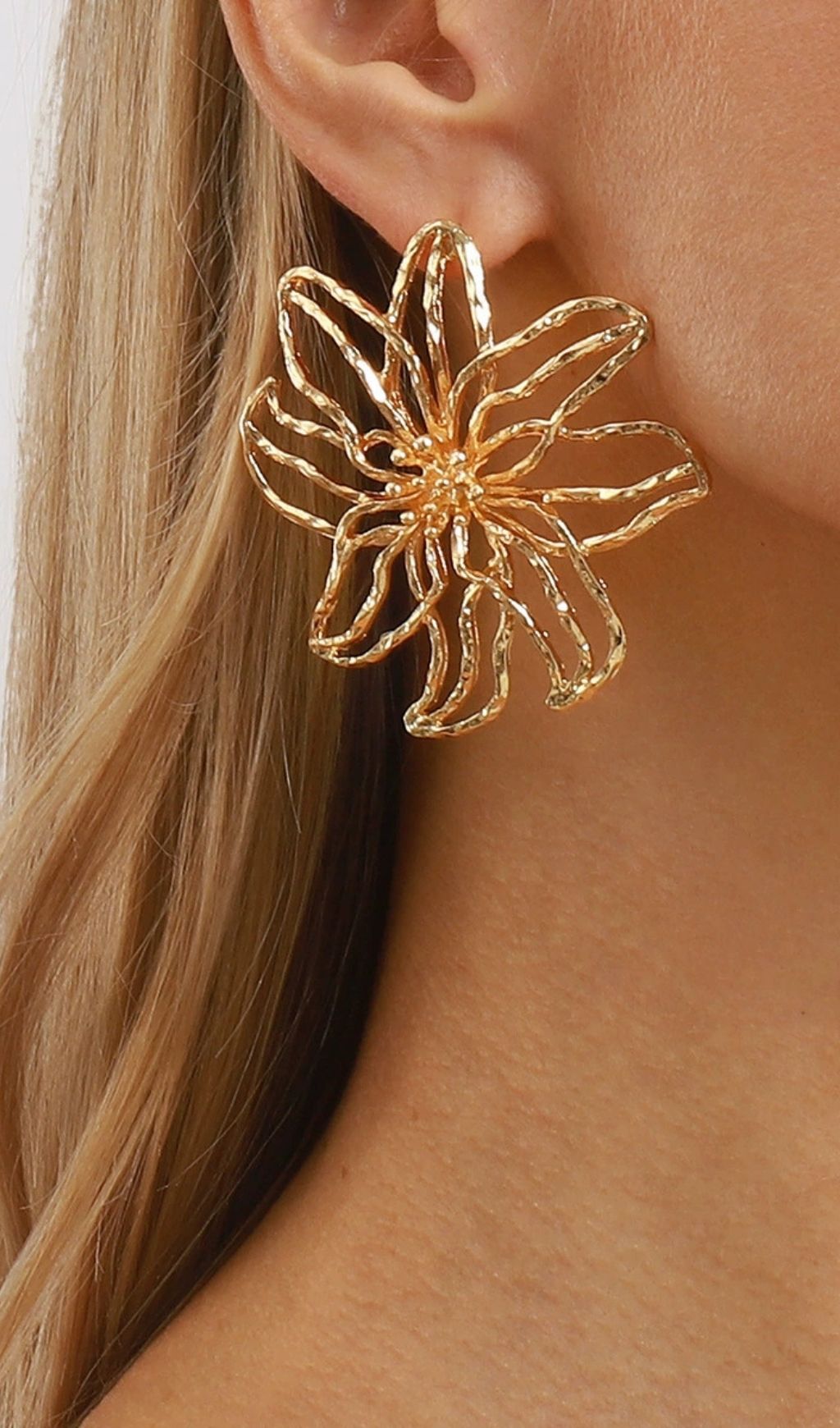 Juji Gold Abstract Floral Statement Earrings | Modern Wire Flower Design