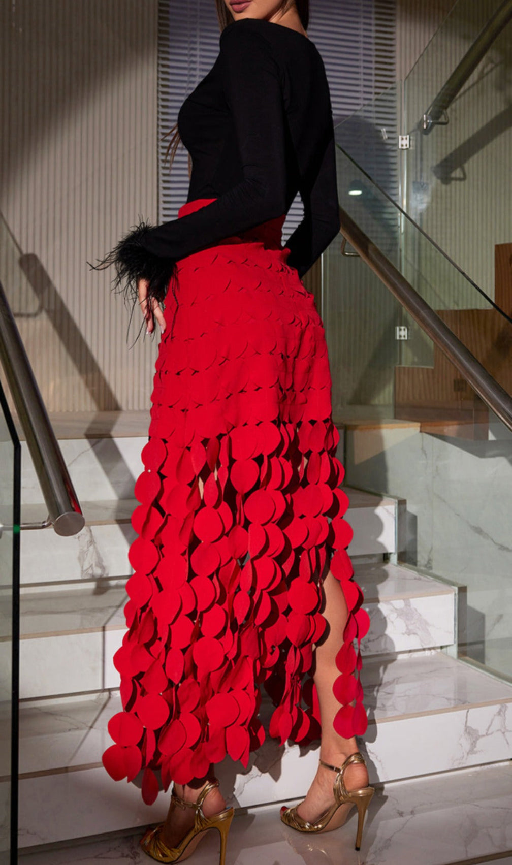 Asako Red Circle Cutout Fringe Skirt