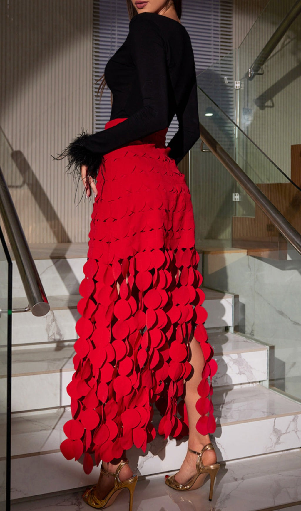 Asako Red Circle Cutout Fringe Skirt