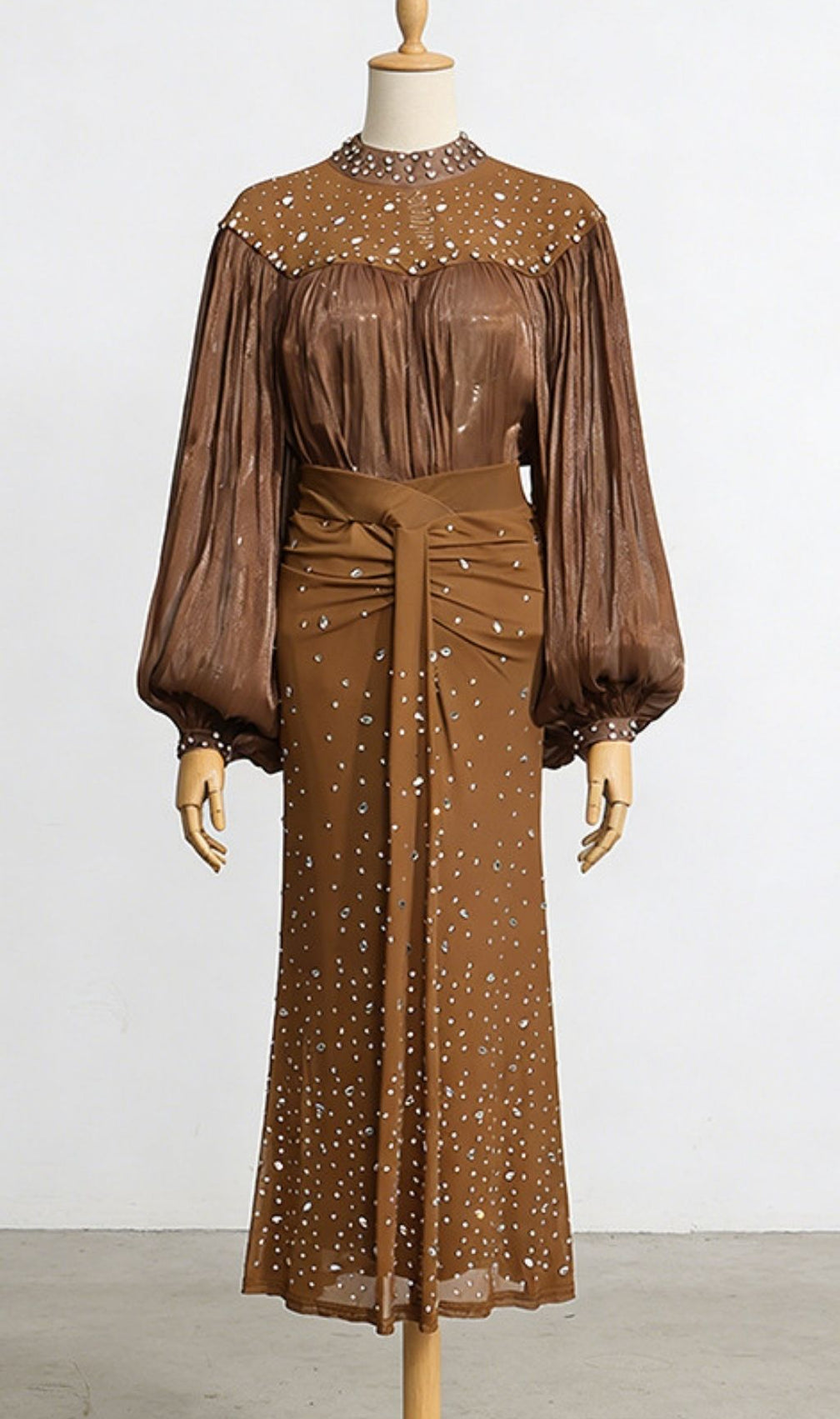 Karyme Diamante Embellished Blouse & Skirt Set - Golden Brown Glamour