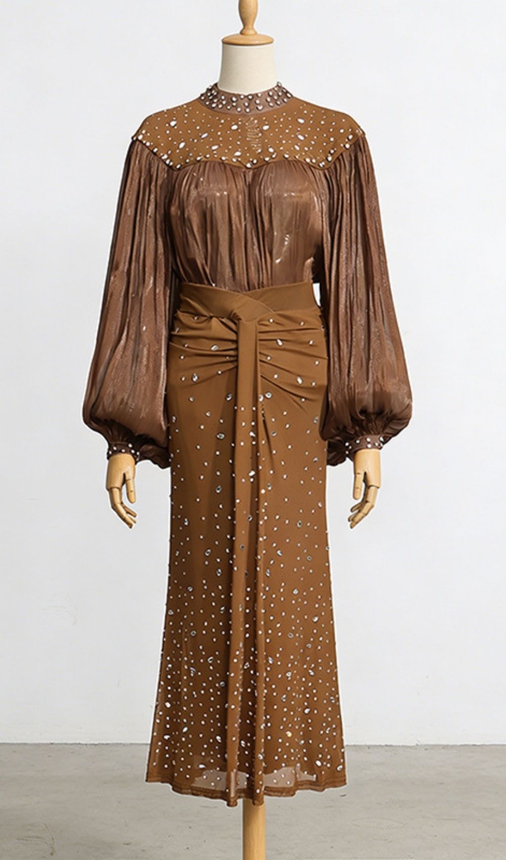 Karyme Diamante Embellished Blouse & Skirt Set - Golden Brown Glamour