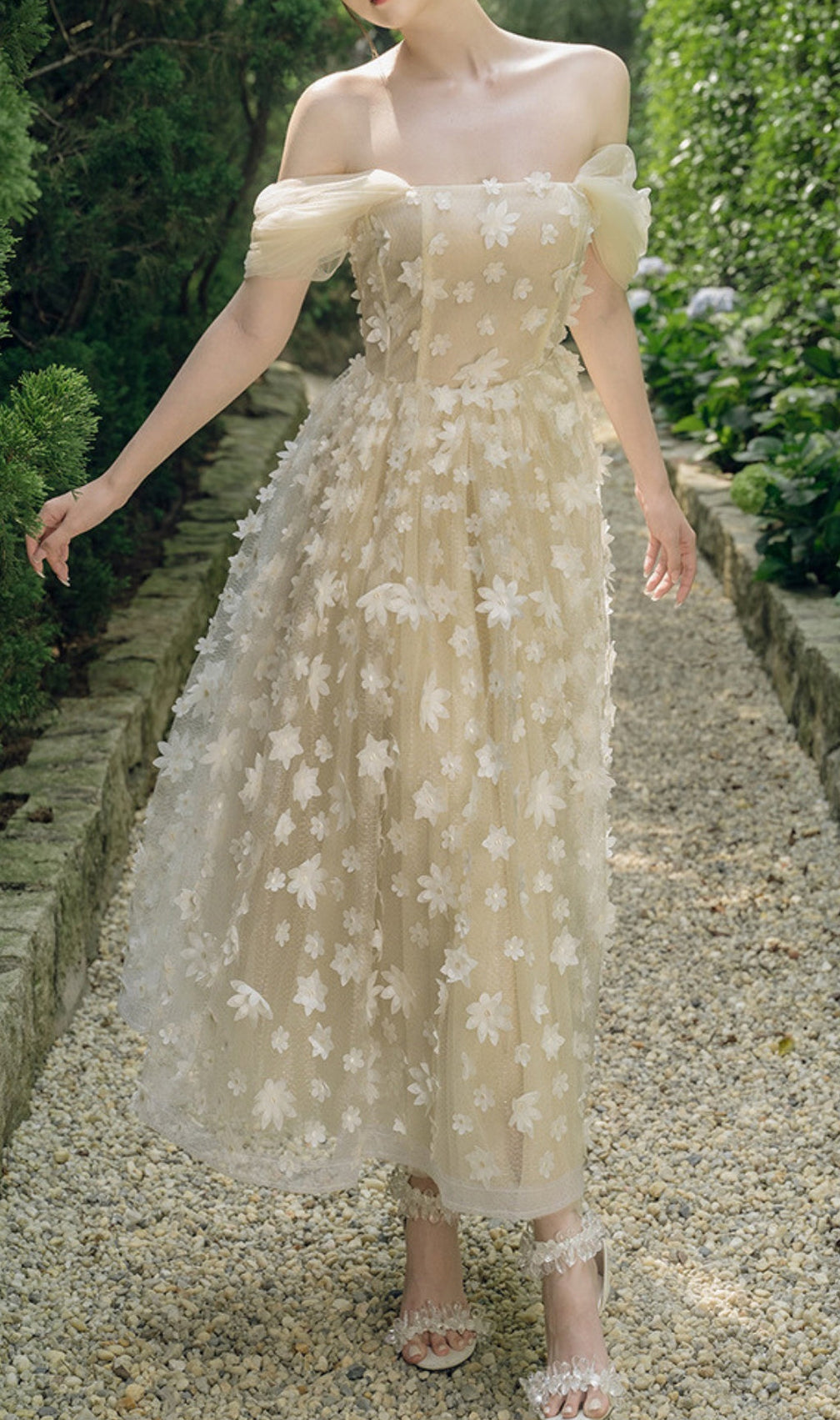 Brandi Apricot Flower Mesh Midi Dress