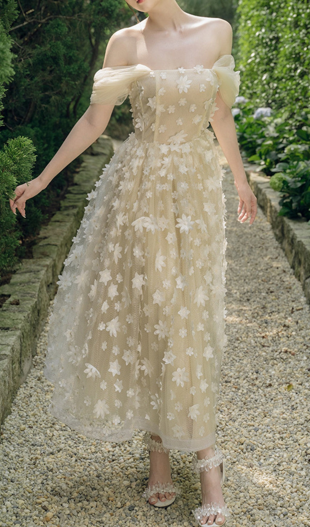 Brandi Apricot Flower Mesh Midi Dress