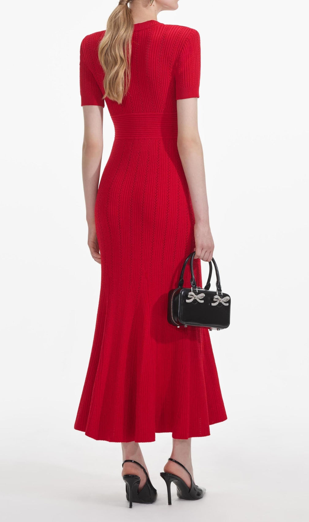 Red Pointelle Knit Midi Dress