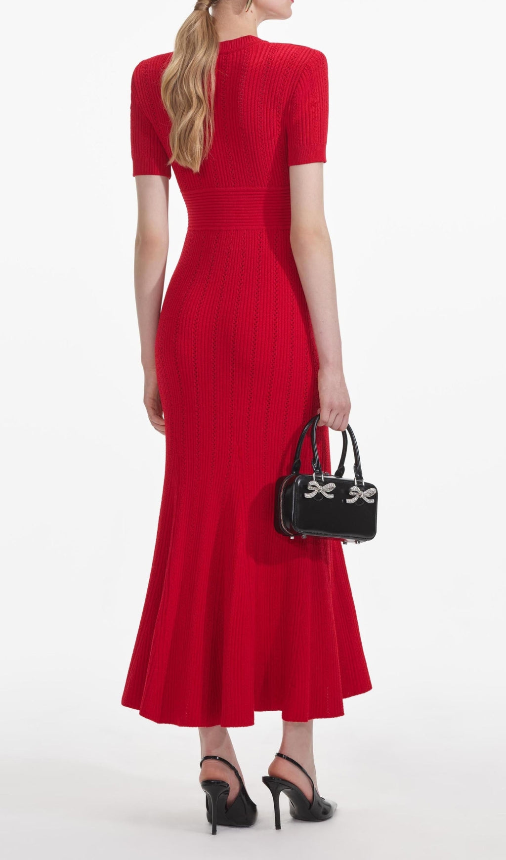 Red Pointelle Knit Midi Dress