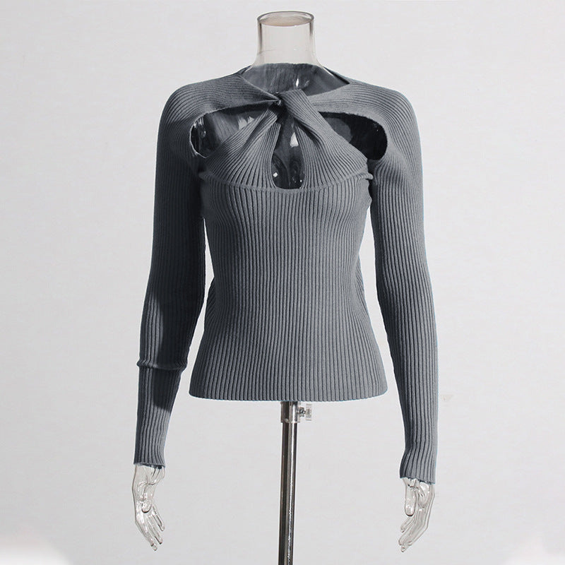 Ilana Chic Emerald Ribbed Knit Long Sleeve Top with Knot Cutout Detail