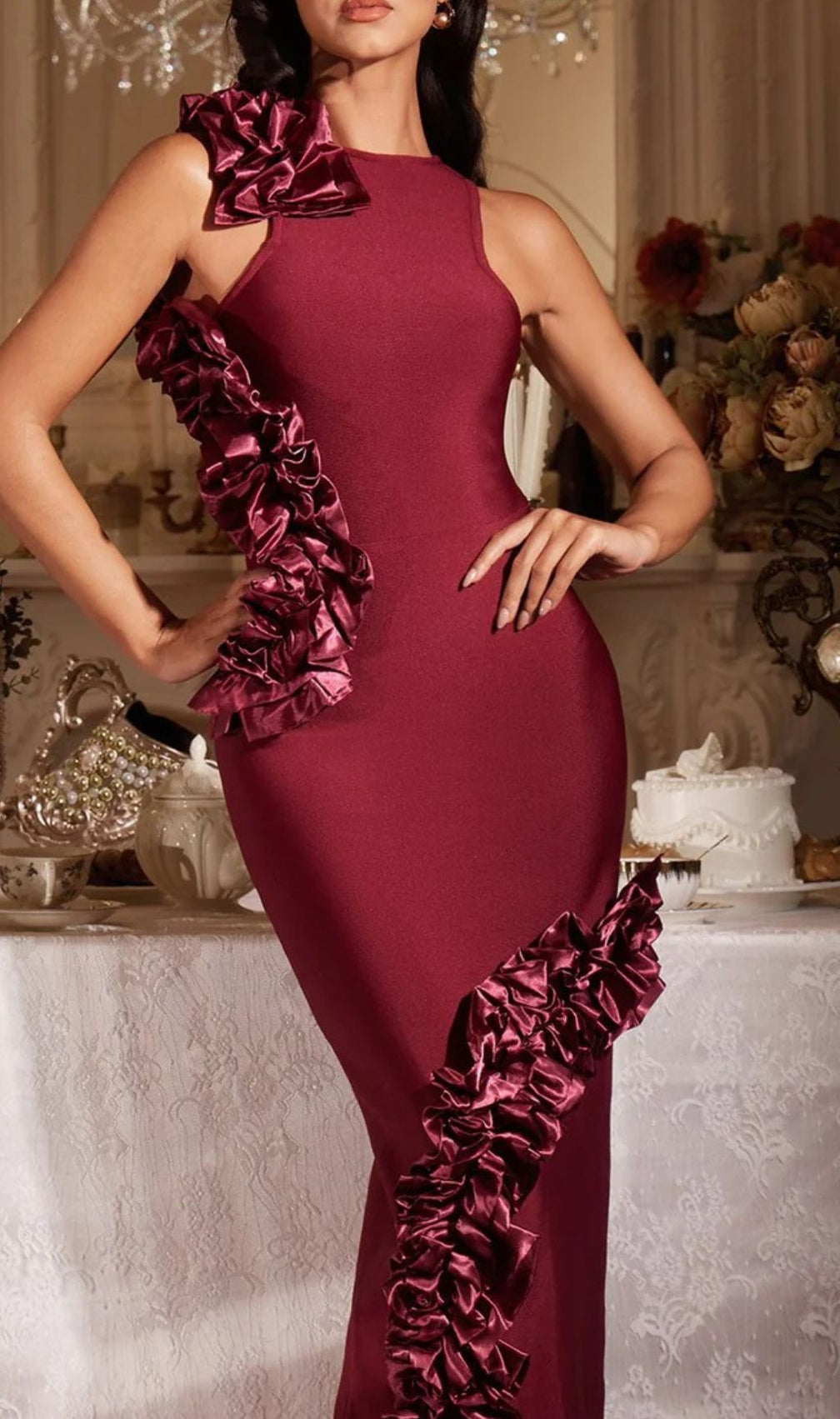 Filipe Elegant Burgundy Ruffle Bandage Maxi Dress - Sleeveless Bodycon Evening Gown