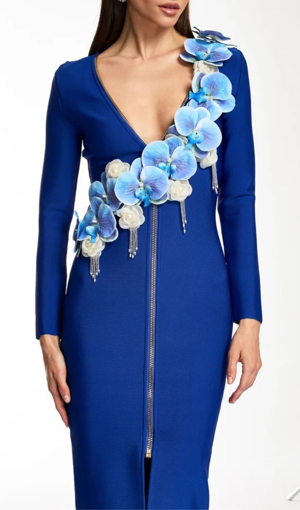 Dacey Royal Blue Floral V-Neck Bandage Midi Dress - Sculpting Elegance
