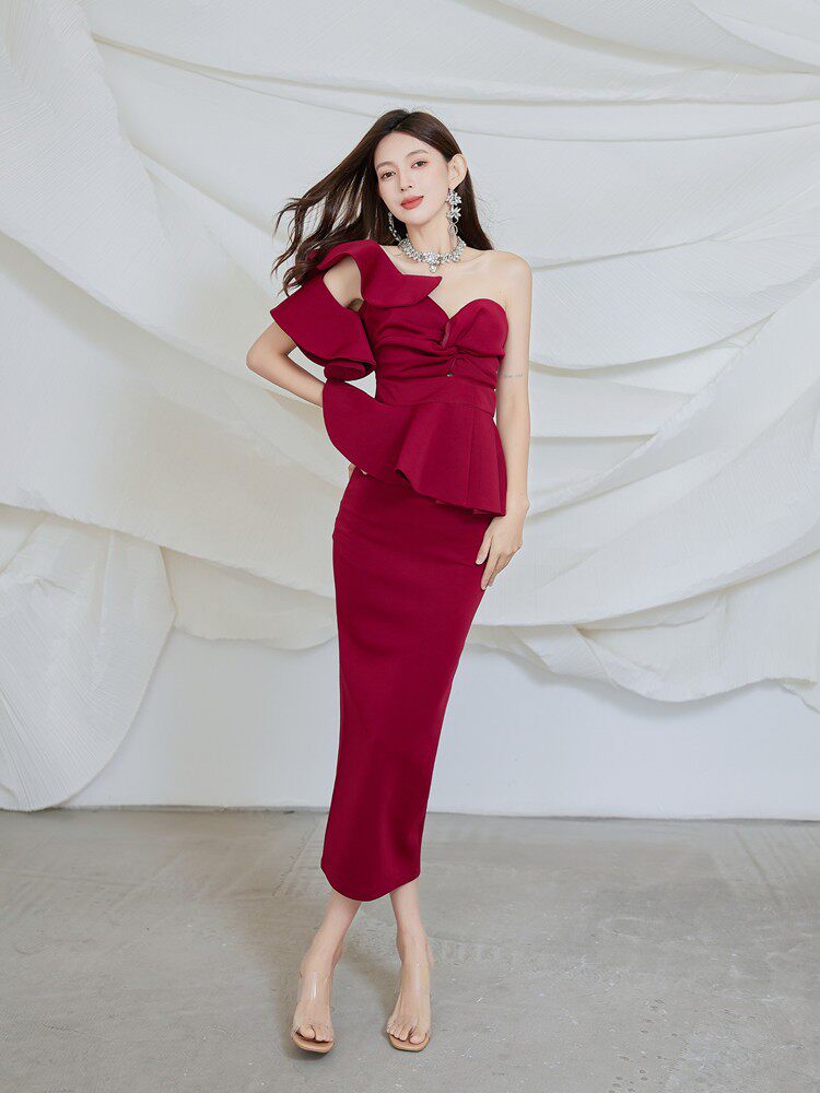 Elegant Strapless Ruffle Backless Maxi Dress Set with Peplum - Glamorous Evening Gown