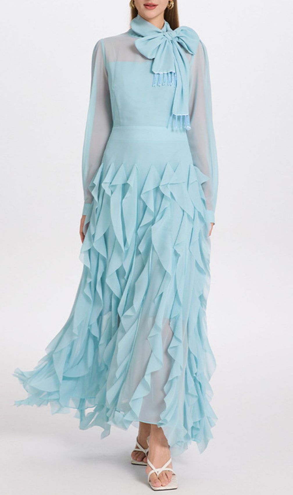 Isaak Ethereal Ruffle Maxi Gown - Elegant Chiffon Dress with Statement Bow Neck