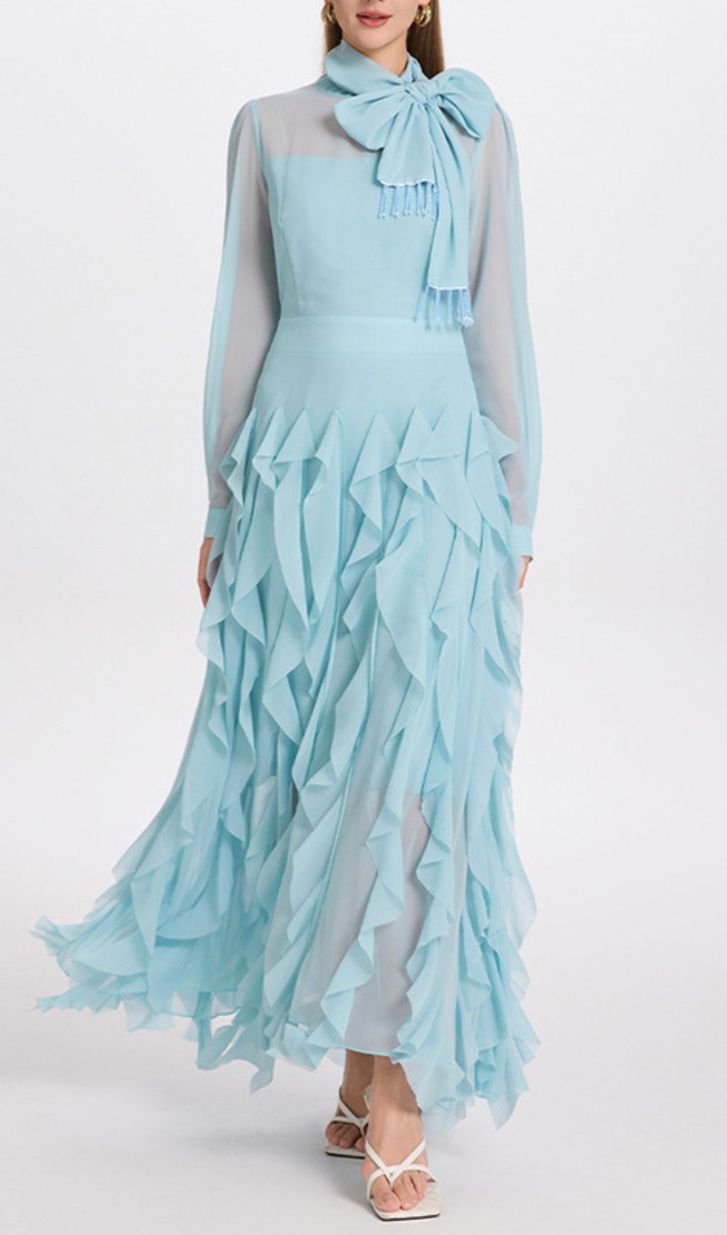 Isaak Ethereal Ruffle Maxi Gown - Elegant Chiffon Dress with Statement Bow Neck