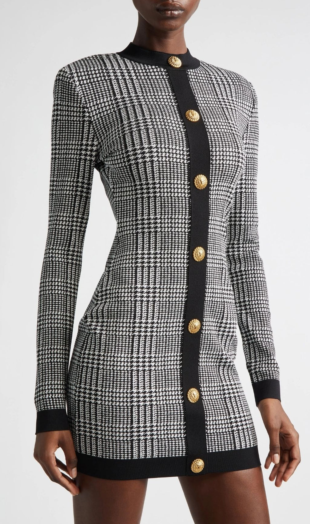 Karinda Chic Houndstooth Knit Mini Dress | Long Sleeve & Gold Buttons