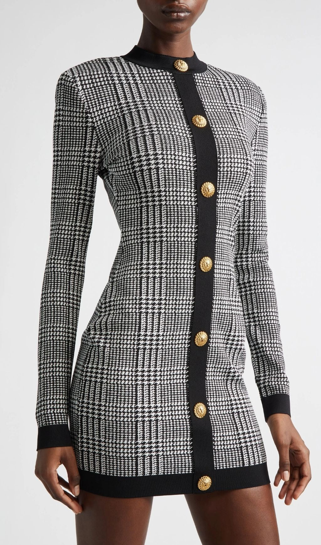 Karinda Chic Houndstooth Knit Mini Dress | Long Sleeve & Gold Buttons