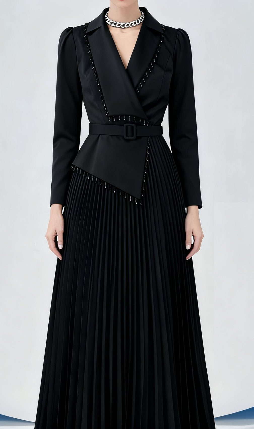 Ino Black Elegant Wrap Midi Dress - Long Sleeve & Pleated for Sophisticated Style