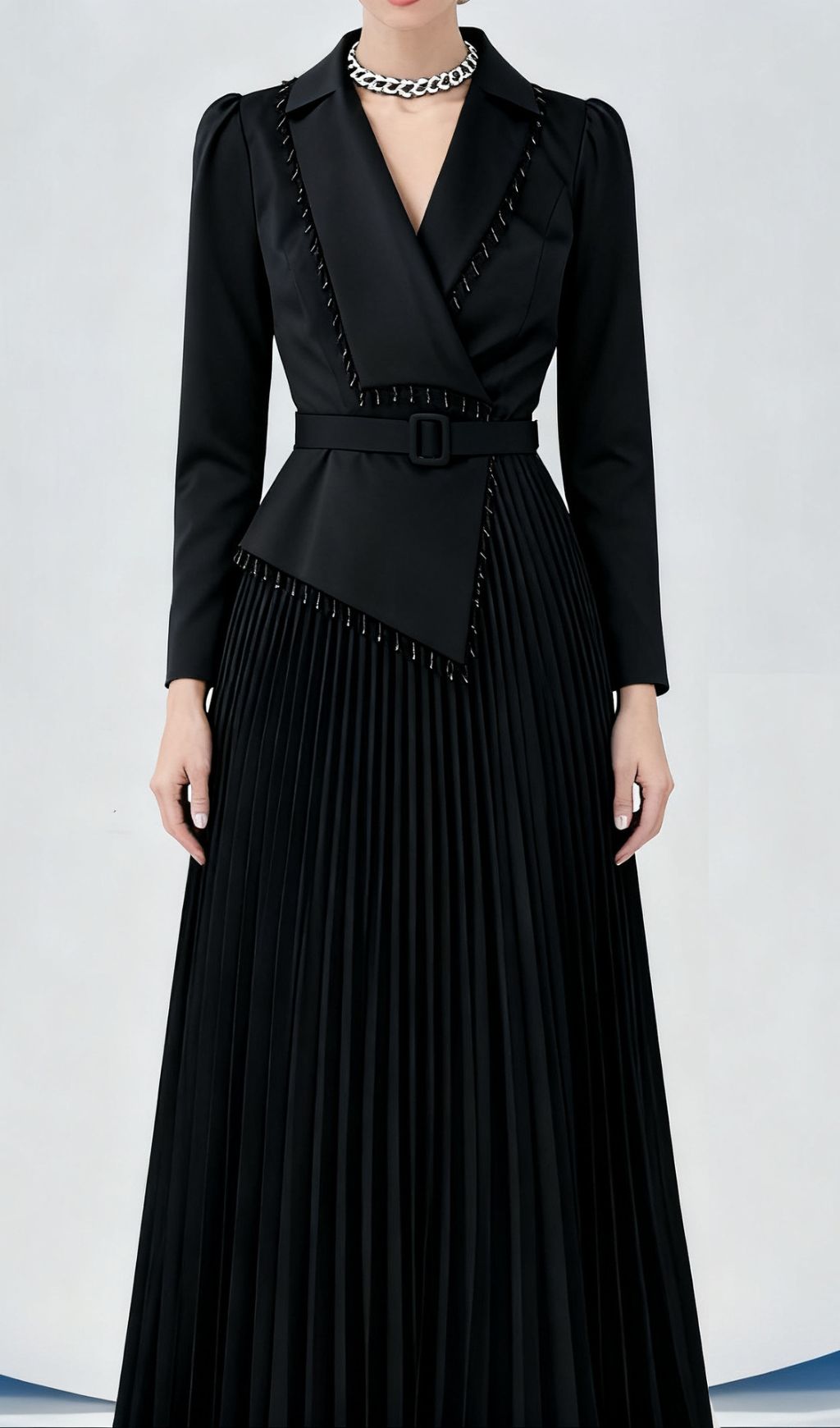 Ino Black Elegant Wrap Midi Dress - Long Sleeve & Pleated for Sophisticated Style