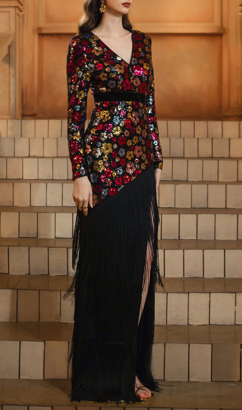 Dimaia Flower Sequin Tassel Long Sleeve Maxi Dress