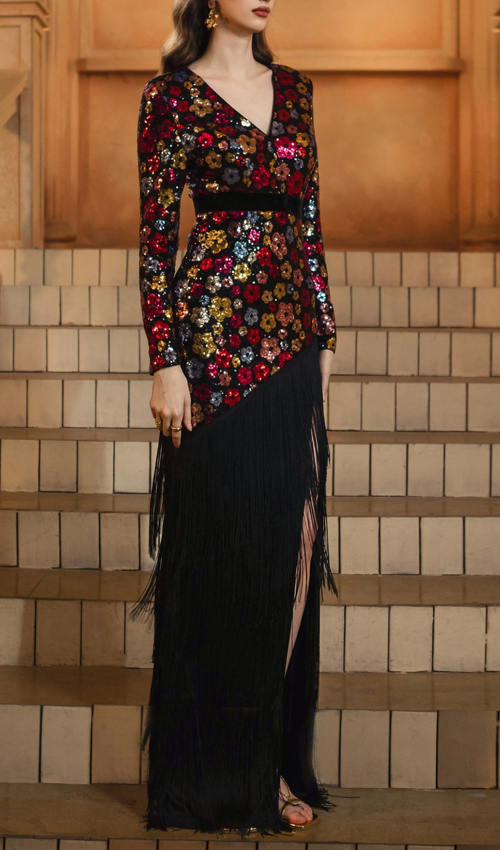 Dimaia Flower Sequin Tassel Long Sleeve Maxi Dress