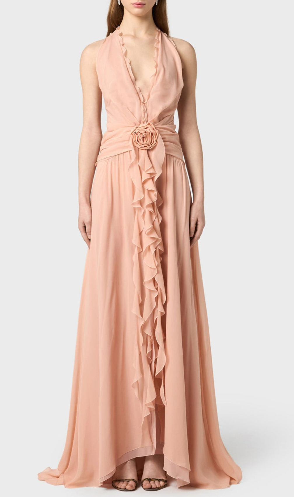Florine Dusty Rose Halter Flower Ruffle Maxi Dress