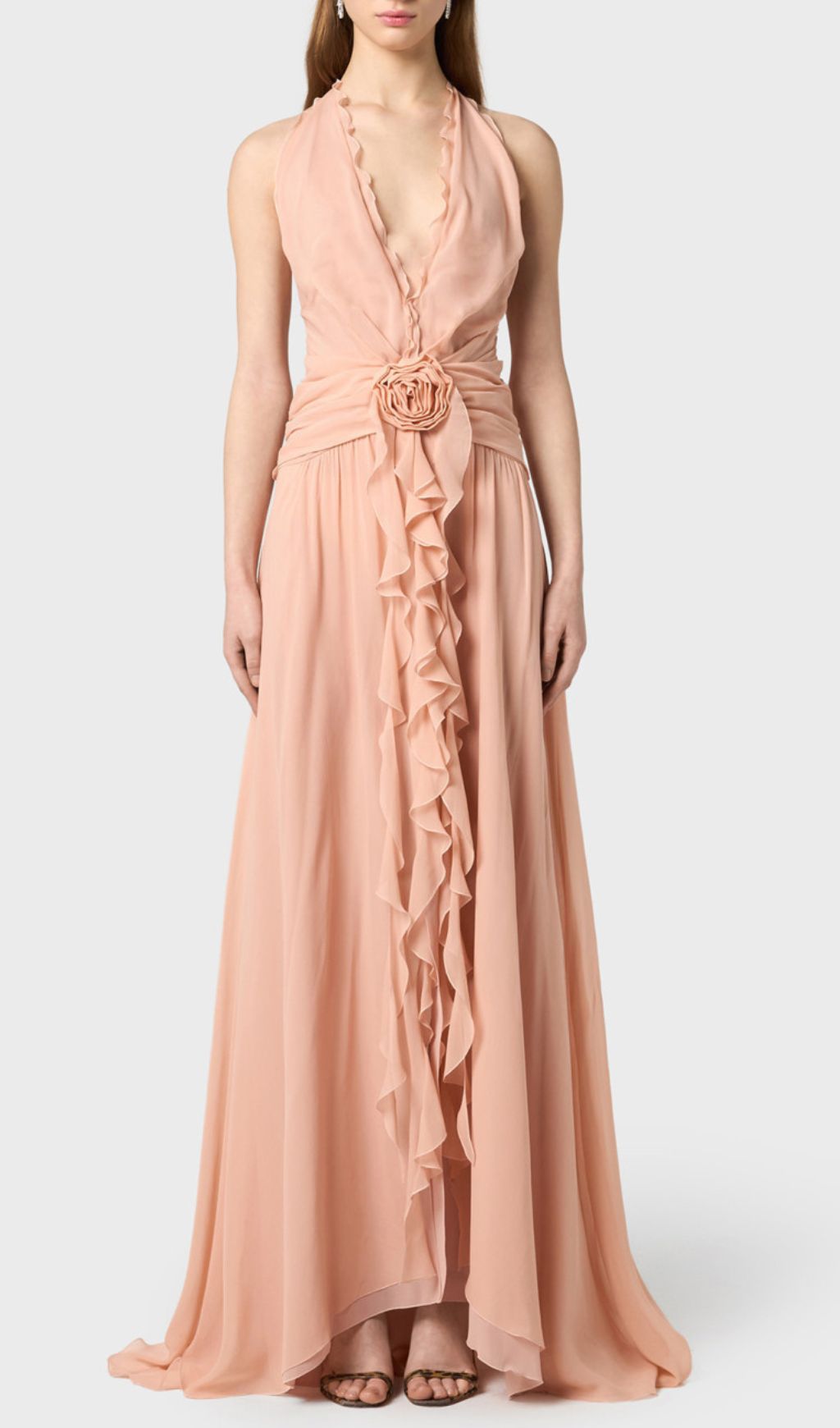 Florine Dusty Rose Halter Flower Ruffle Maxi Dress