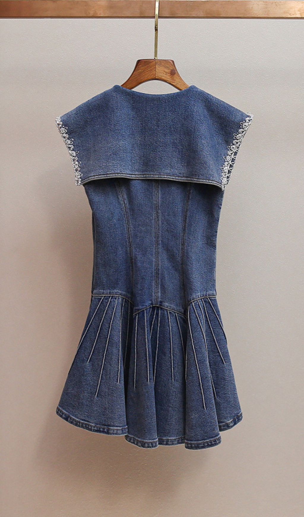 Havika Women's Embellished Sailor Collar Denim Mini Dress with Pleated Skirt