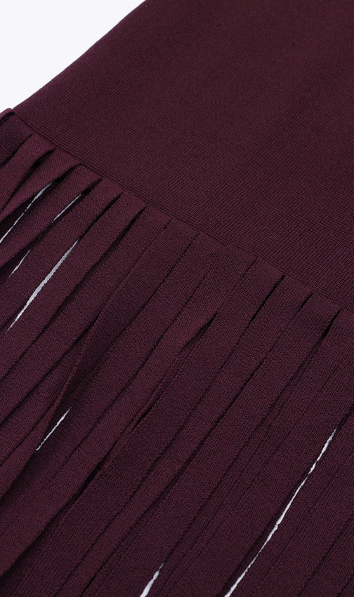 Junko Pearl Choker Sleeveless Knit Maxi Dress with Fringe Hem