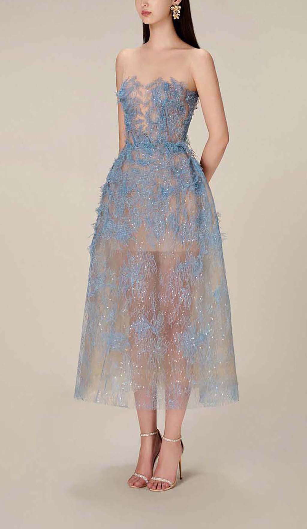 Allyson Blue Floral Lace Embroider Midi Dress