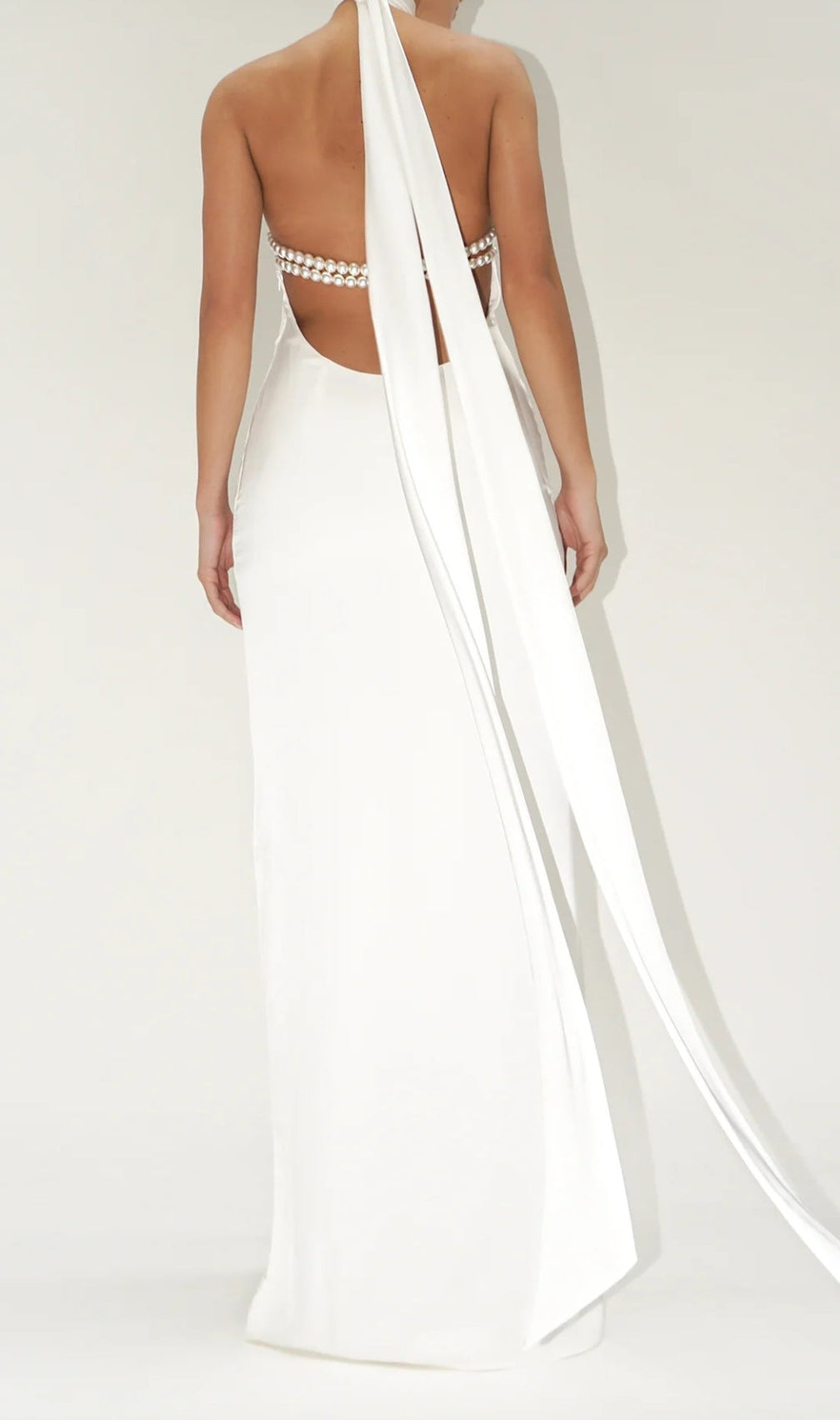 Birger White Halter Pearl Backless Maxi Dress